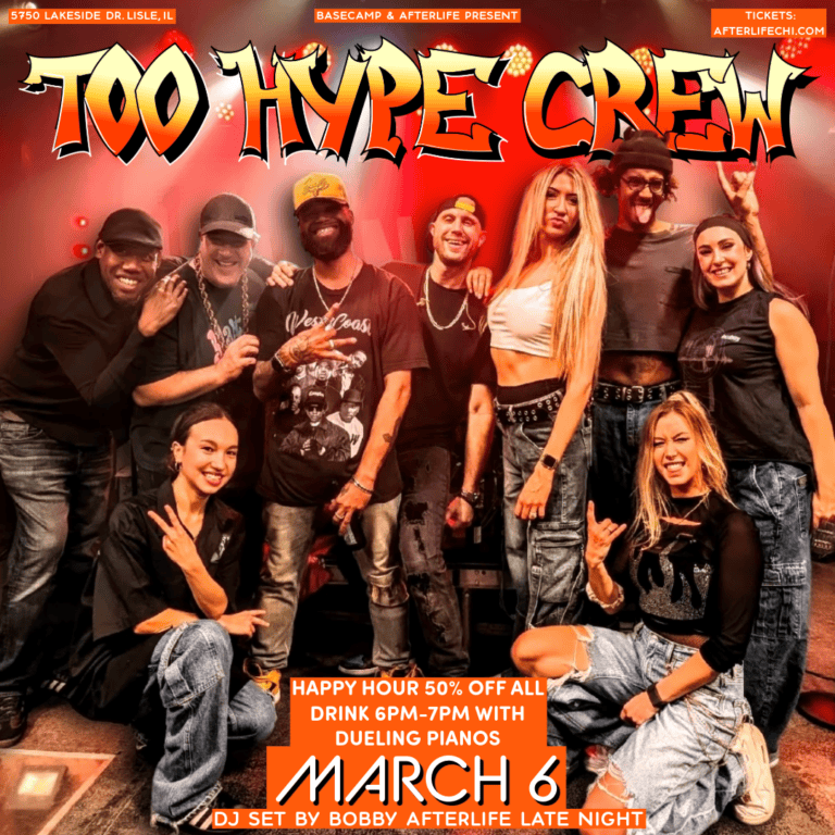 Group of friends enjoying 2000s hip hop music at BaseCamp Pub in Lisle, IL.