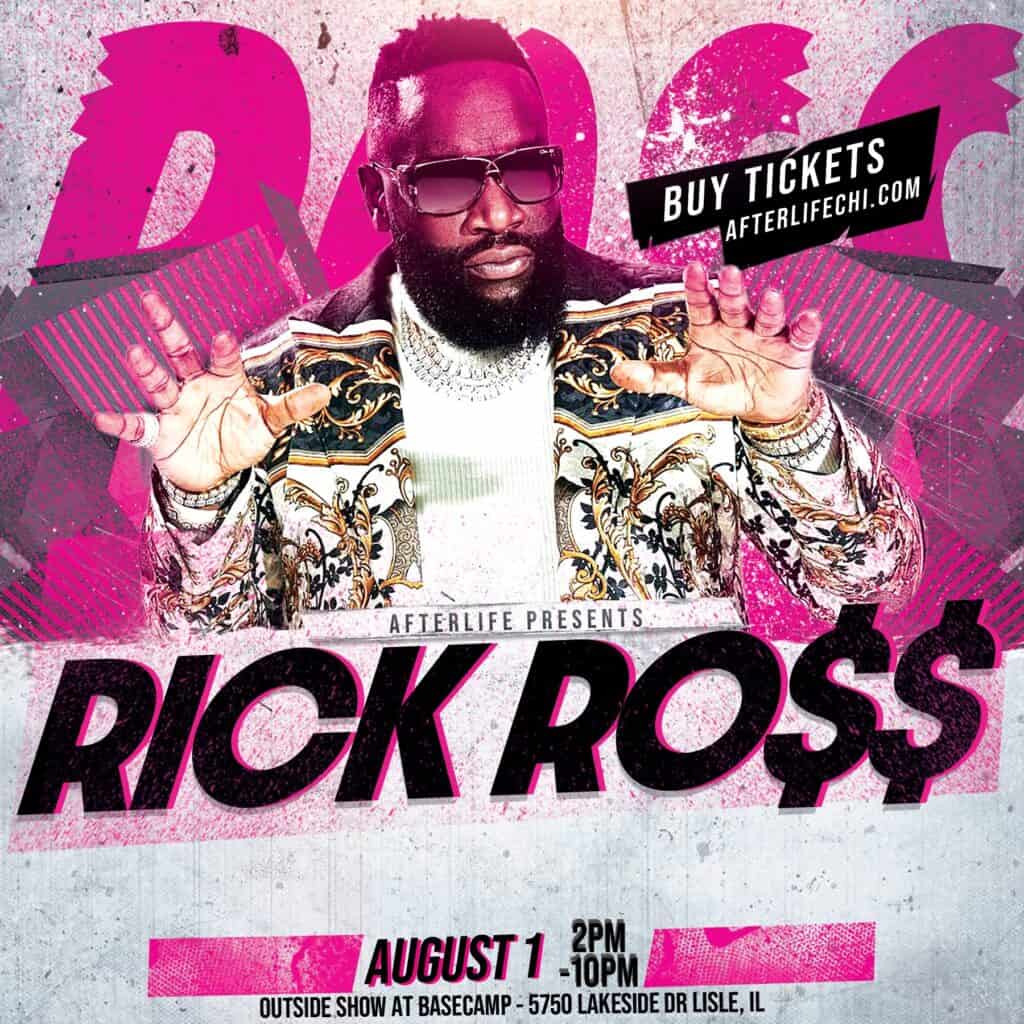Rick Ross concert at BaseCamp Pub in Lisle, IL with vibrant pink graphics and artist image.