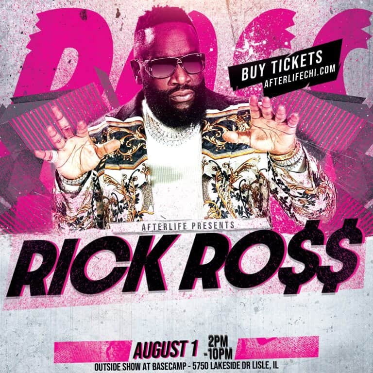 Rick Ross concert at BaseCamp Pub in Lisle, IL with vibrant pink graphics and artist image.