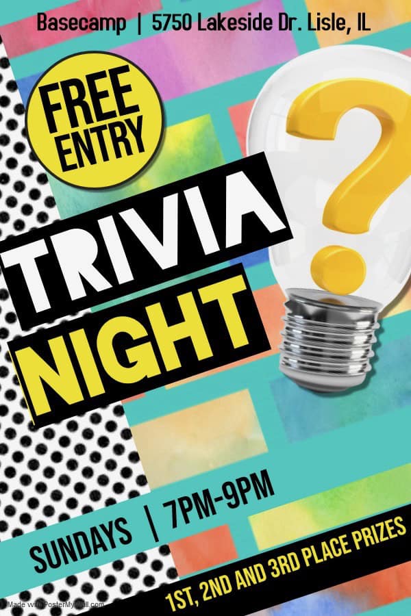 Trivia Night at BaseCamp Pub with a lightbulb and question mark image.