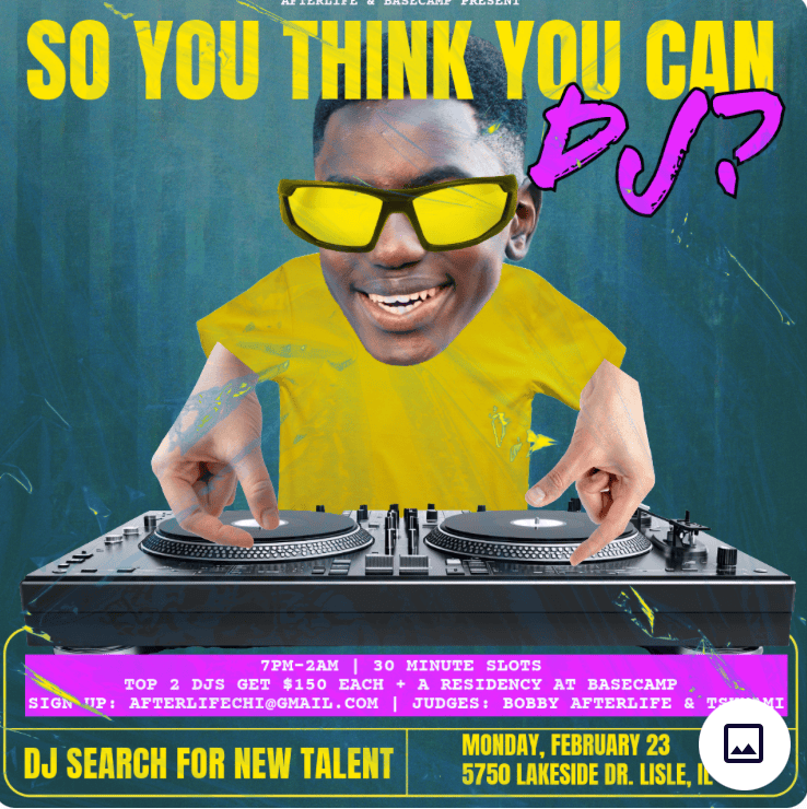 DJ performing with turntables, wearing sunglasses, lively atmosphere.