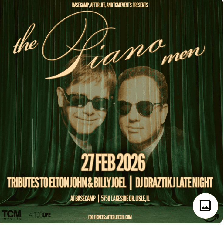 Piano Men tribute concert poster with Elton John & Billy Joel images.