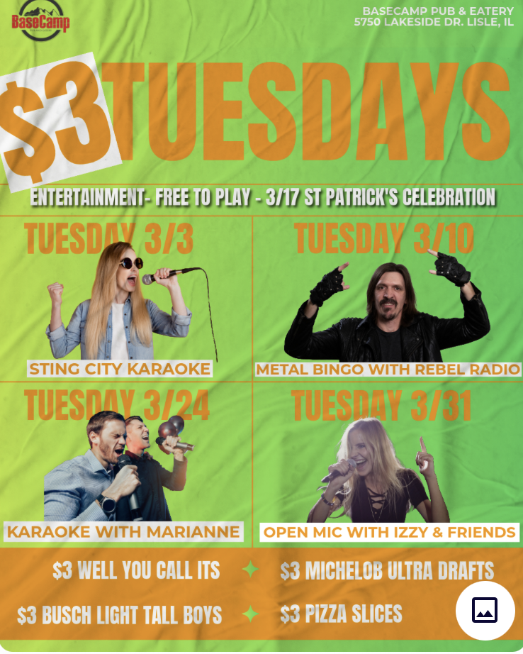 Promotional poster for Tuesday events at BaseCamp Pub, featuring karaoke, bingo, and open mic nights.