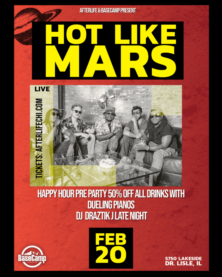 Event poster for "Hot Like Mars" at BaseCamp Pub in Lisle, IL.