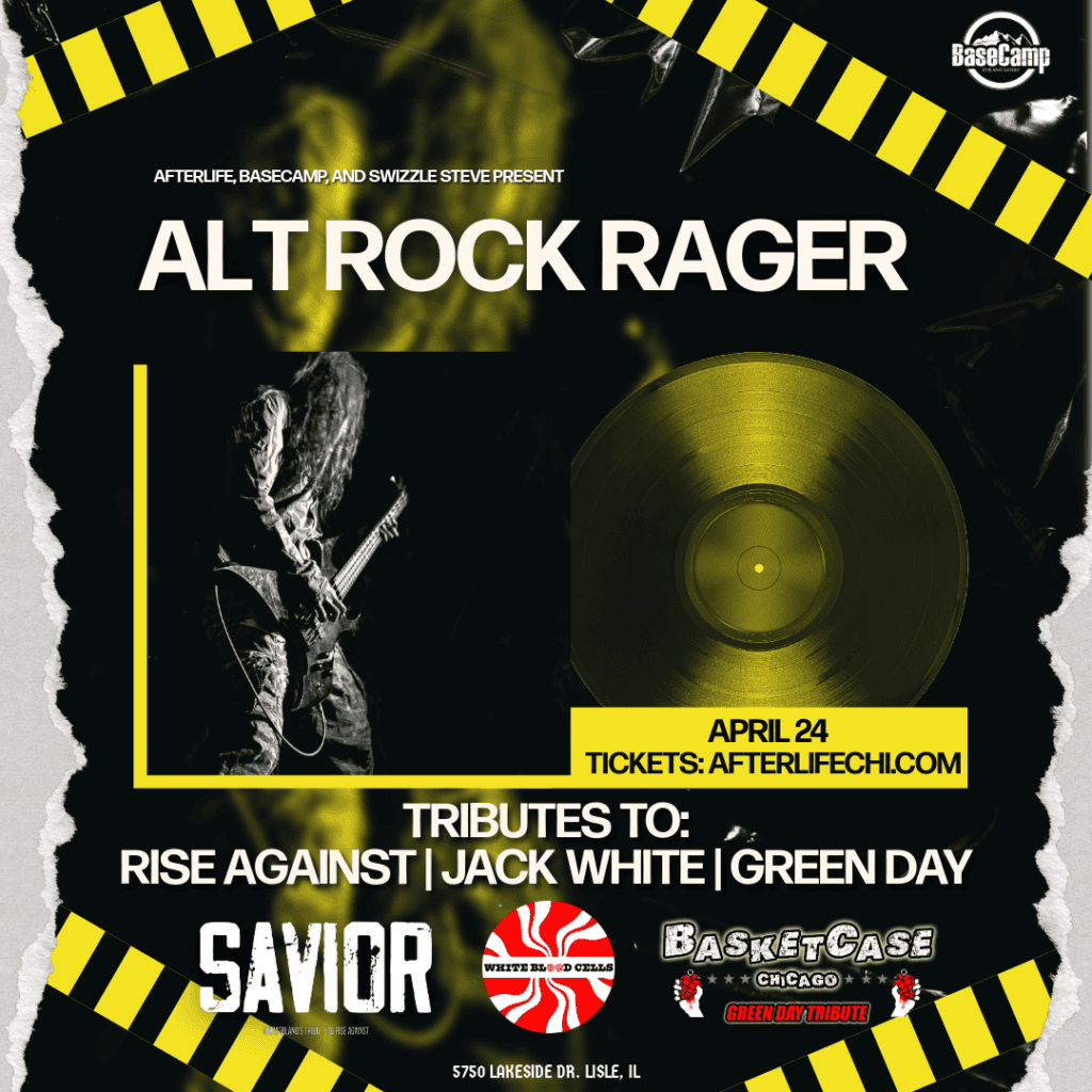 Concert poster for Rise Against, Jack White, Green Day with tribute bands at BaseCamp Pub.