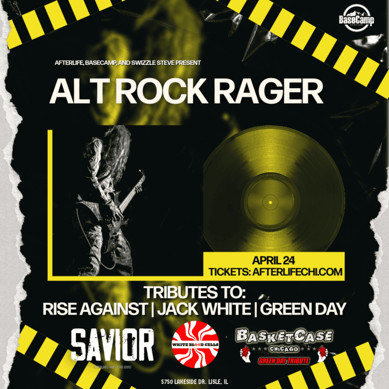 Concert poster for Rise Against, Jack White, Green Day with tribute bands at BaseCamp Pub.