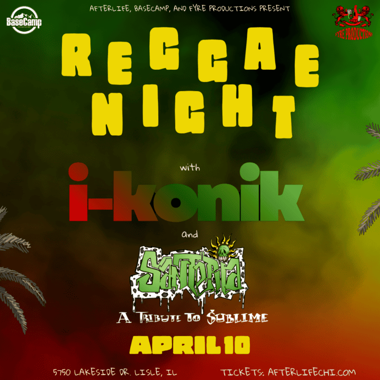 Reggae Night event poster with Sublime vs Bob Marley theme at BaseCamp Pub.