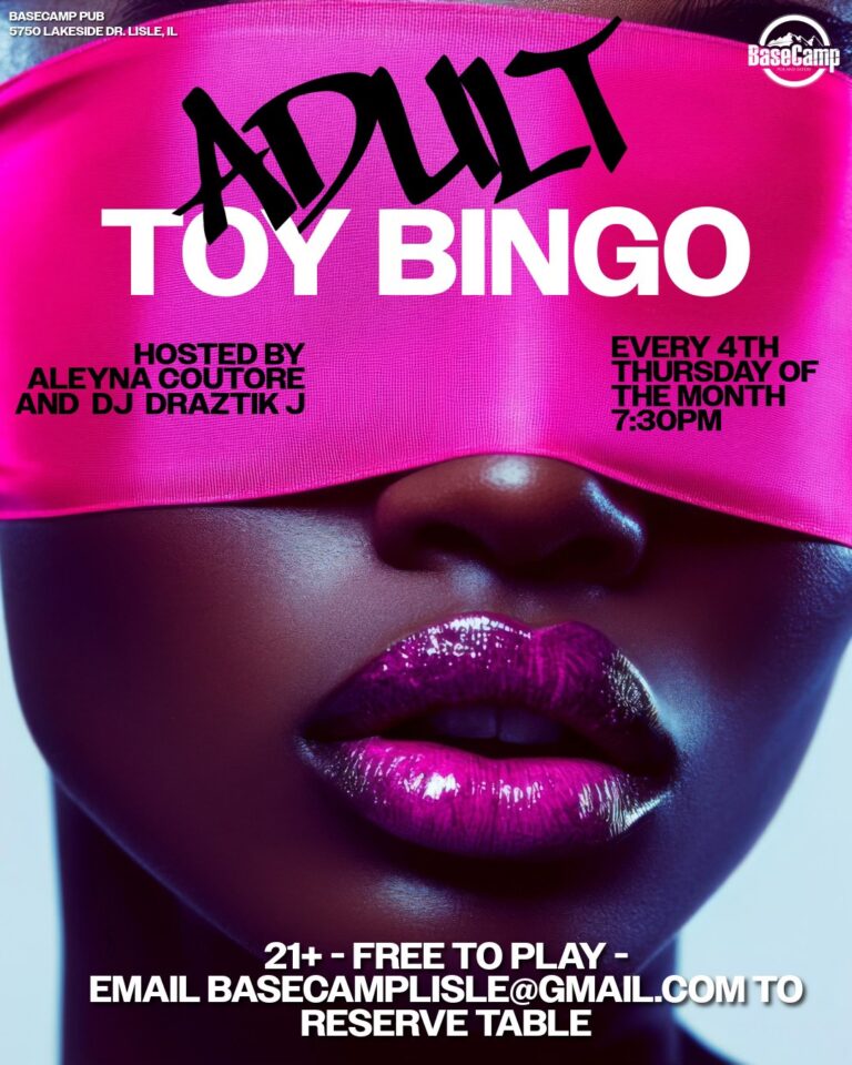 Adult Toy Bingo event at BaseCamp Pub in Lisle, IL, hosted by Aleyna Coutoure and DJ Draztik J.