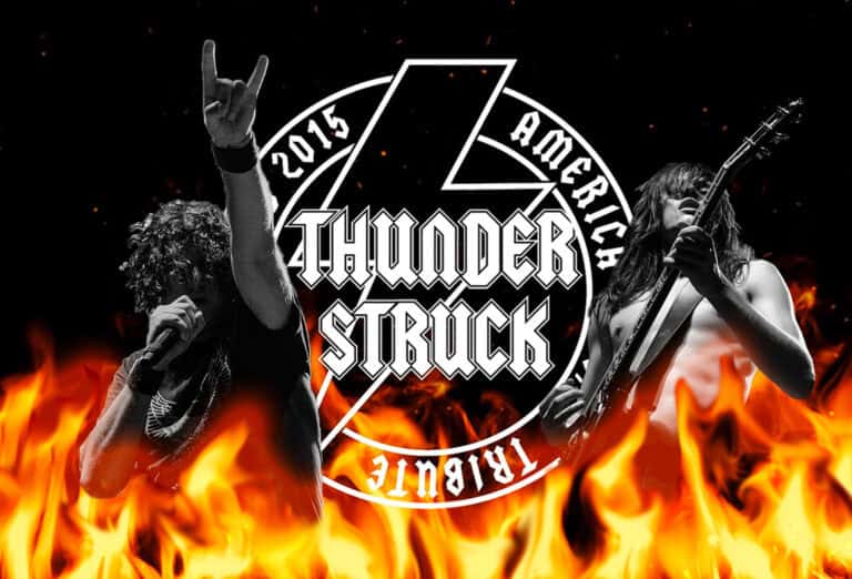 Thunderstruck tribute band performing AC/DC hits on stage.