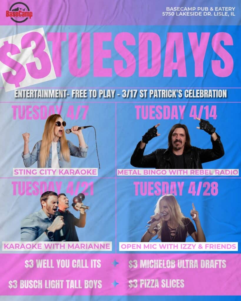 An energetic promotional poster showcasing $3 Tuesdays with karaoke, bingo, and open mic nights at B.