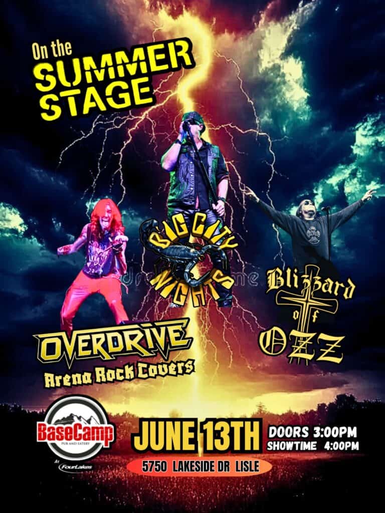 Live band performing rock covers on summer stage at BaseCamp Pub, Lisle, IL.