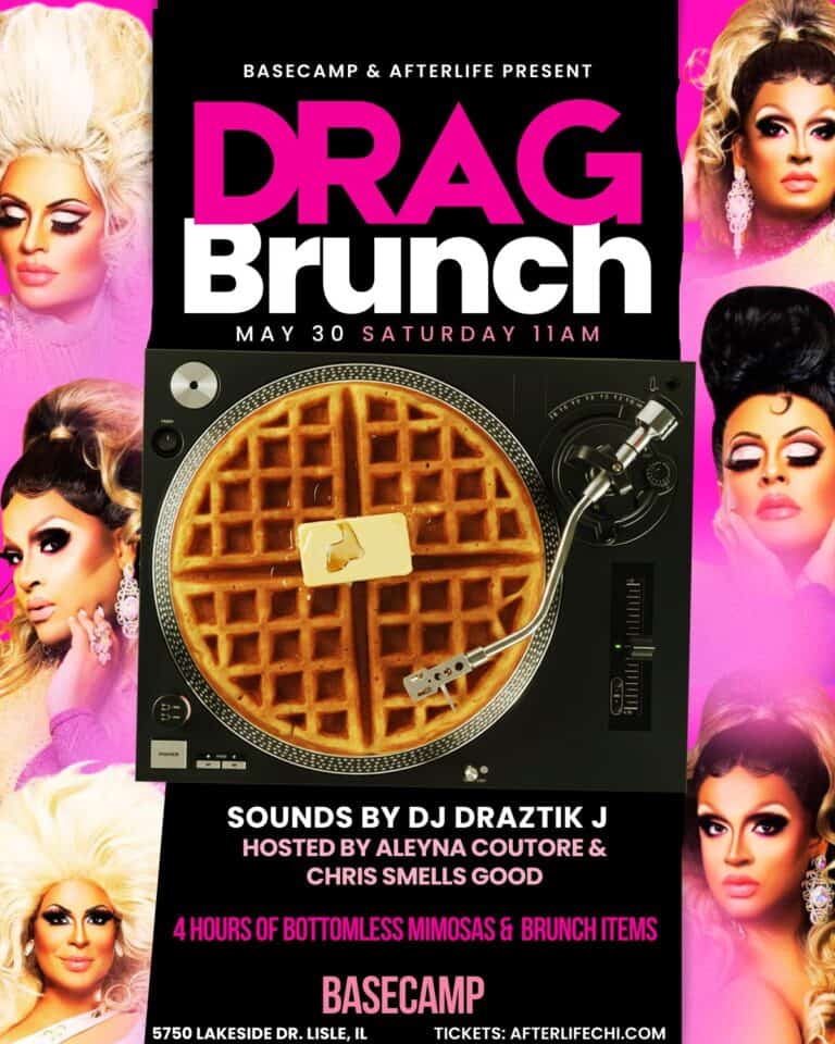 Vibrant drag queens promote the bottomless mimosas and brunch at BaseCamp Pub in Lisle, IL.