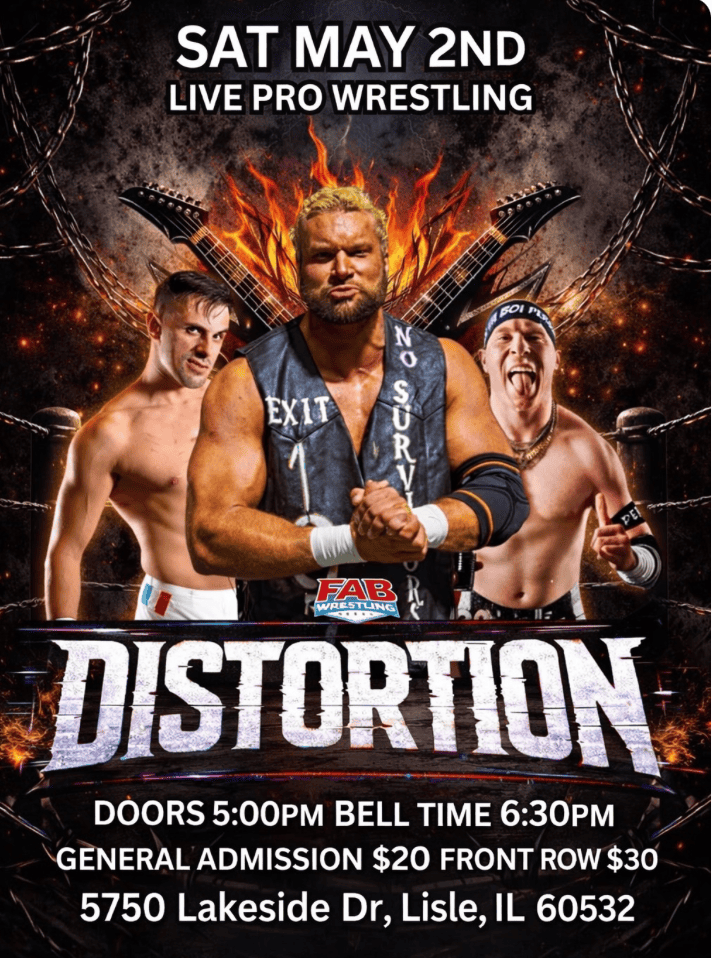 Pro wrestling event in Lisle, IL with wrestlers in intense poses.