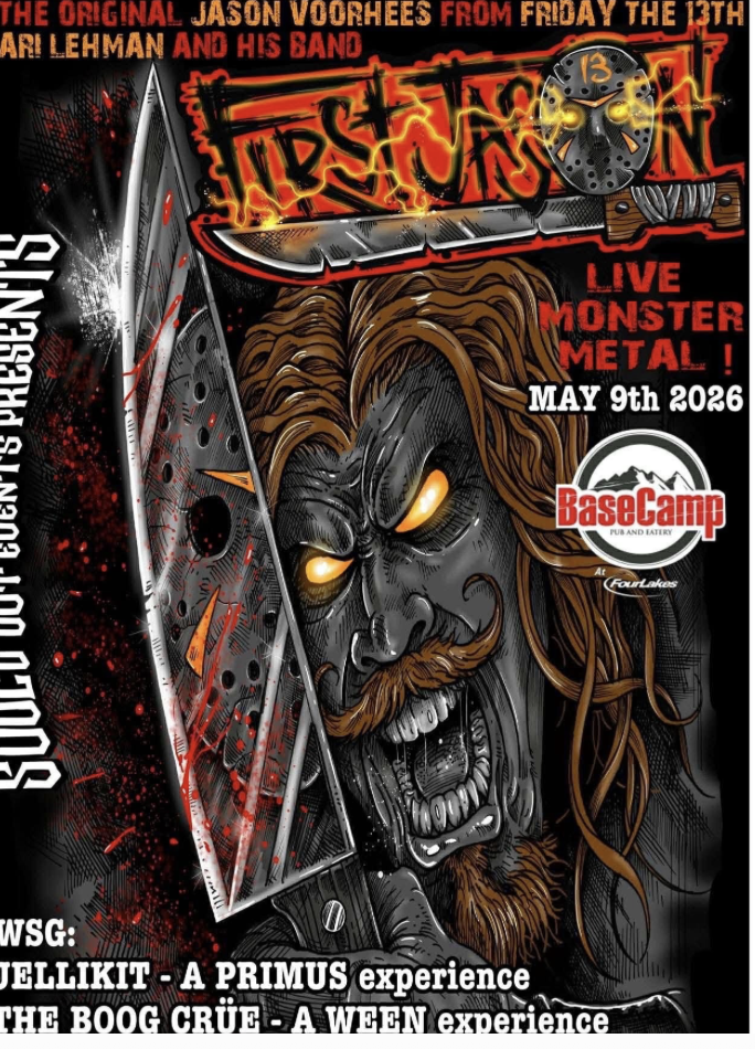 Intense horror poster featuring a snarling monster with a knife and blood splatters.