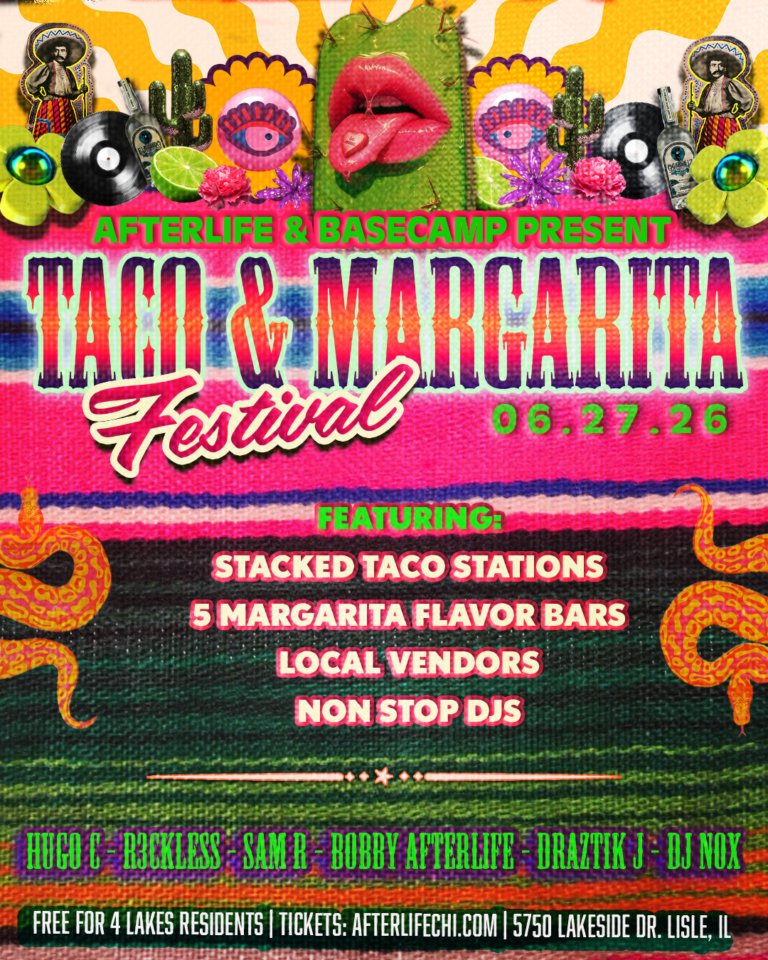 Colorful taco and margarita festival poster with vibrant graphics and event details.