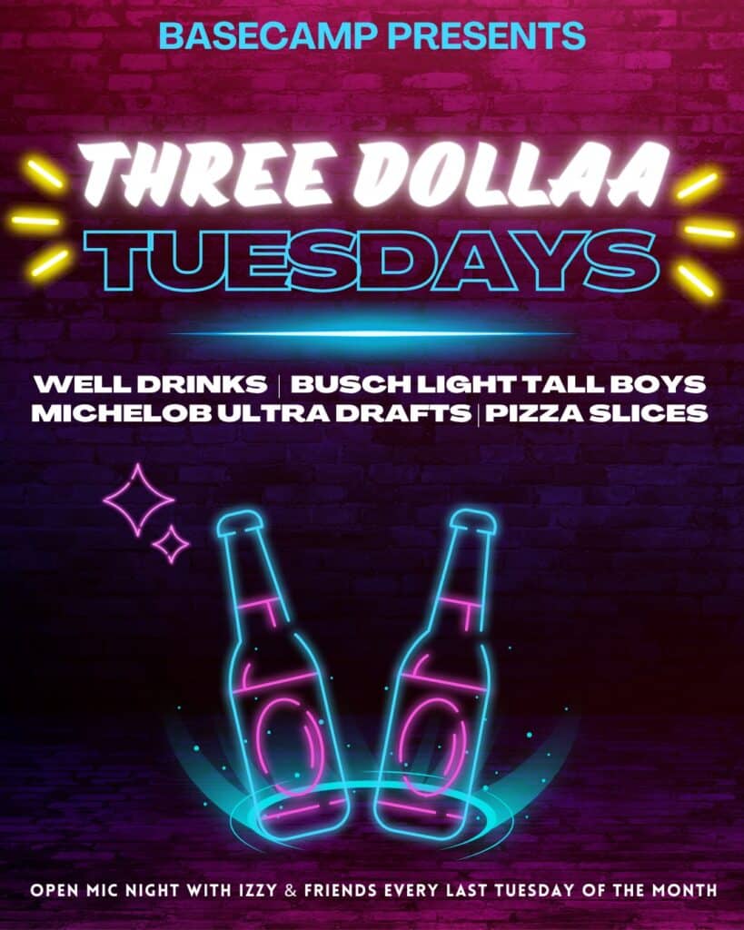 Neon sign promoting Three Dollar Tuesdays with beer bottles and drinks.