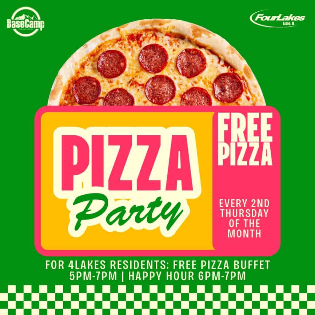 Pizza party with free pizza every second Thursday of the month at BaseCamp Pub, Lisle, IL.