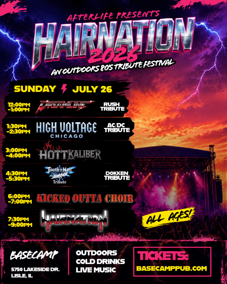 Outdoor tribute festival at BaseCamp Pub in Lisle, IL with live music and cold drinks.
