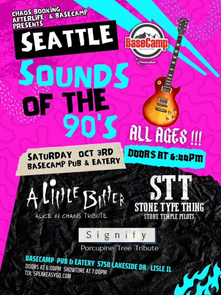 Event poster for 90's music night at BaseCamp Pub in Lisle, IL.
