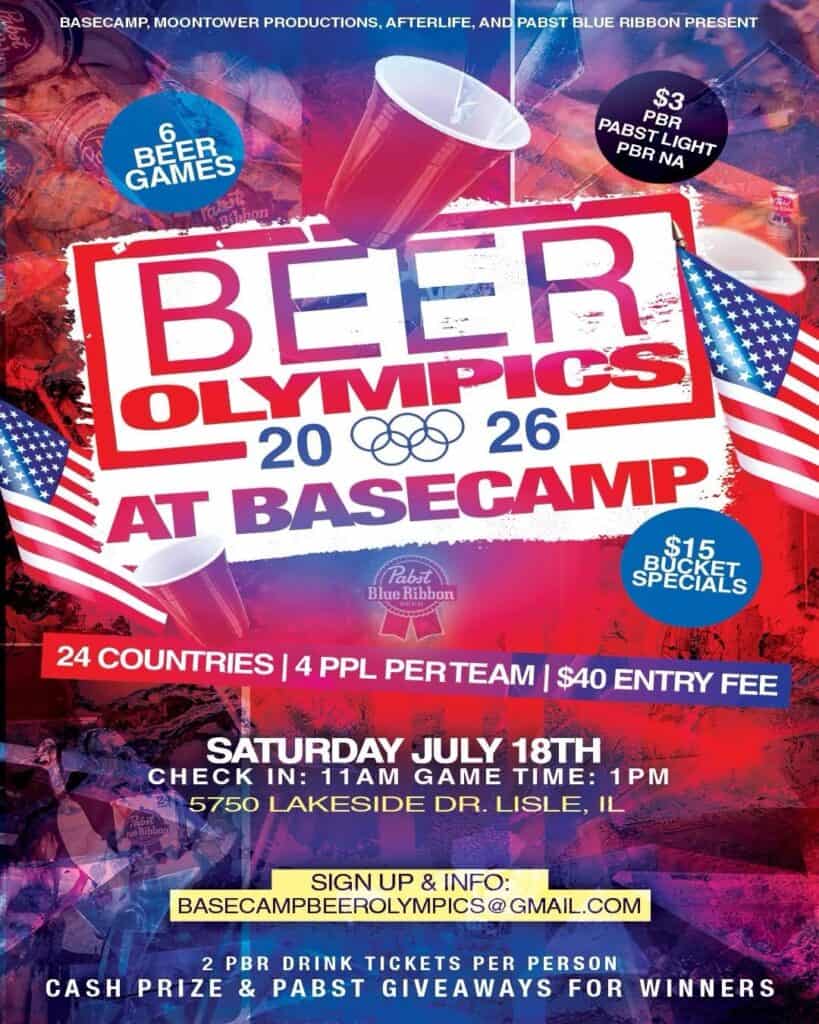 Beer Olympics event poster with American flags and beer glasses, July 18th in Lisle, IL.