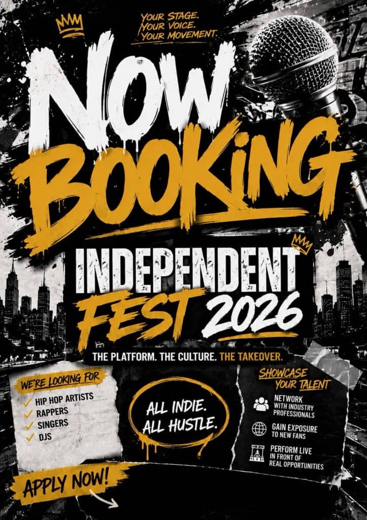 Poster for Independent Fest 2026 with bold text and city skyline background.