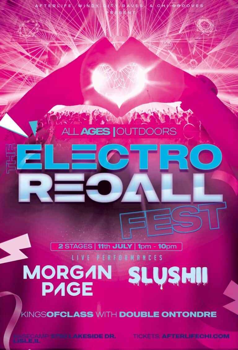 Electro Reall Fest music event poster with vibrant pink and purple colors, featuring headliners Morg.