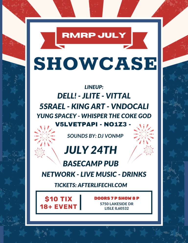 Event poster for RMRP July Showcase at BaseCamp Pub in Lisle, IL.