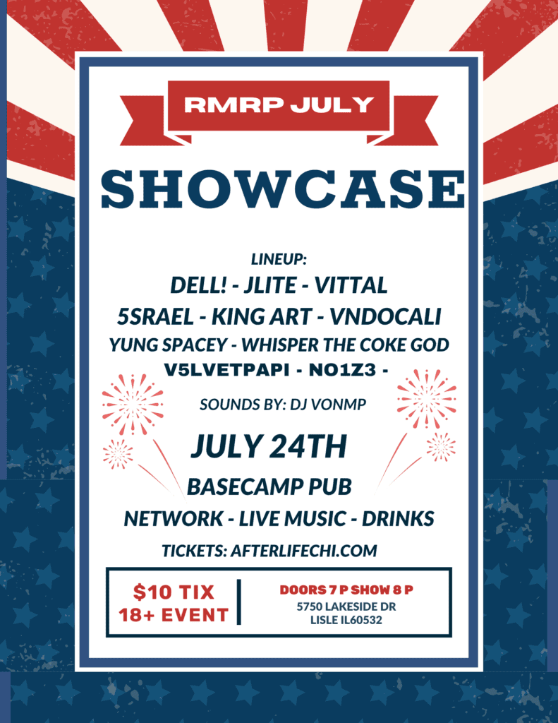 Event poster for RMRP July Showcase at BaseCamp Pub in Lisle, IL.