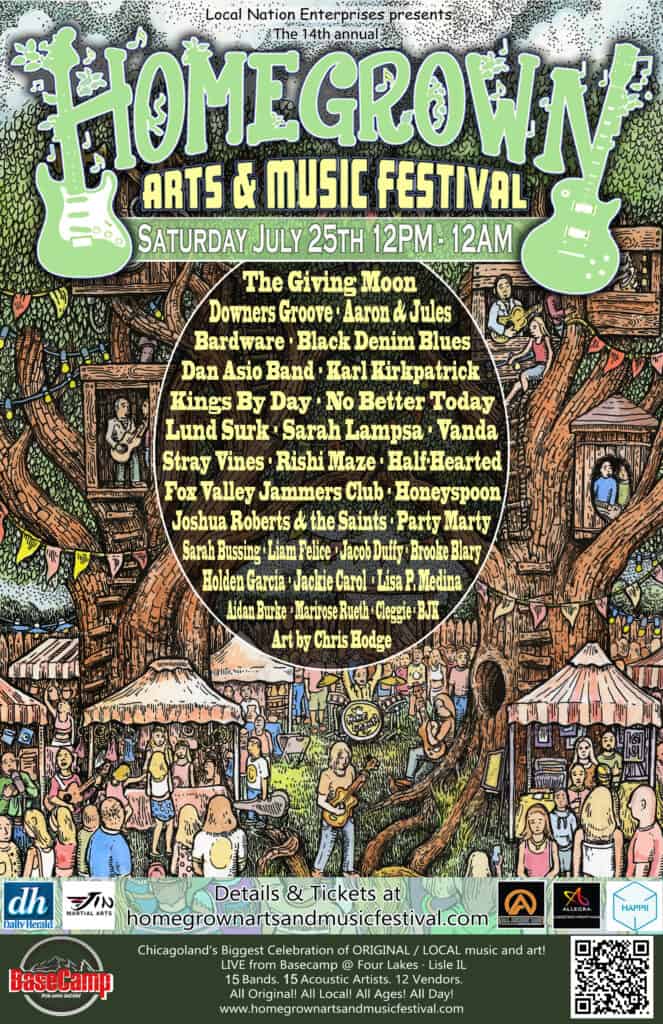 Colorful poster for HOMEGROWN Arts & Music Festival with musical instruments and crowd.