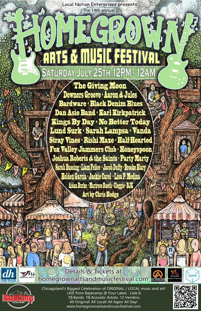 Colorful poster for HOMEGROWN Arts & Music Festival with musical instruments and crowd.