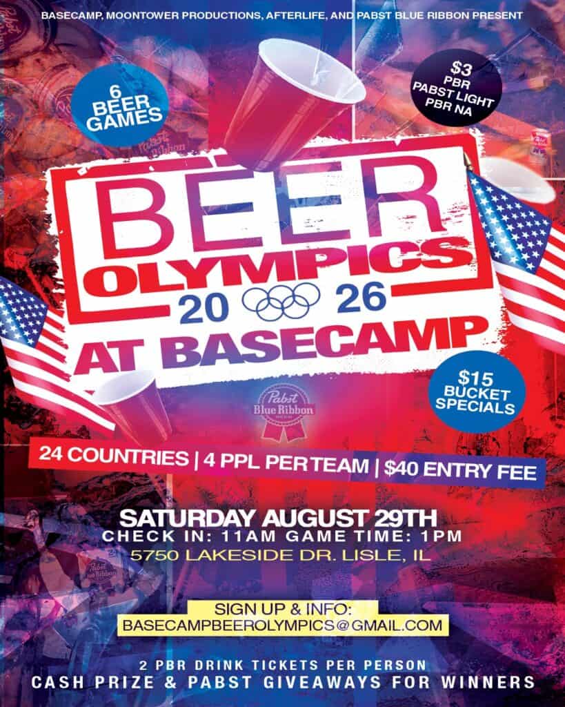 Beer Olympics event poster with beer glasses and American flags in Lisle, IL.