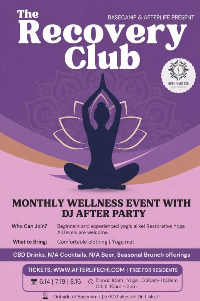Yoga session poster for wellness event at The Recovery Club in Lisle, IL.