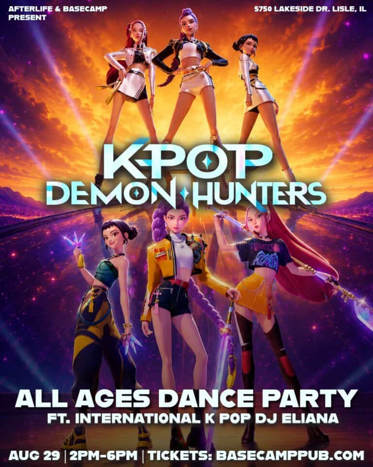 KPOP Demon Hunters dance party poster with animated characters and vibrant background.