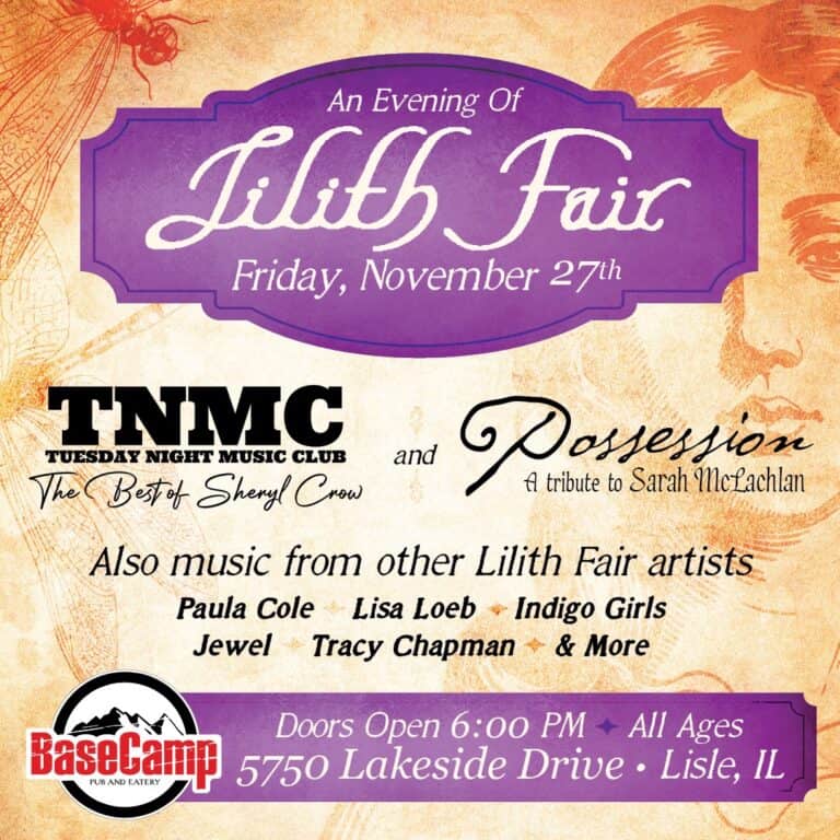 Event poster for Lilith Fair night at BaseCamp Pub in Lisle, IL.