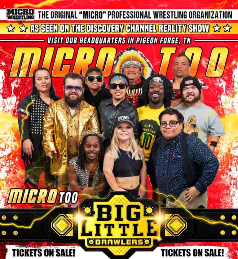 Group of diverse wrestlers and performers at Micro Too event in Pigeon Forge, TN.
