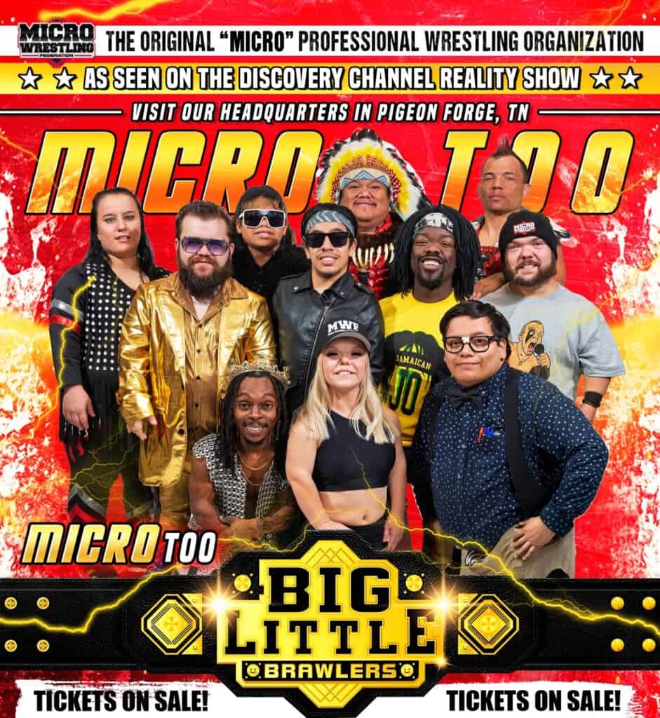 Group of diverse wrestlers and performers at Micro Too event in Pigeon Forge, TN.
