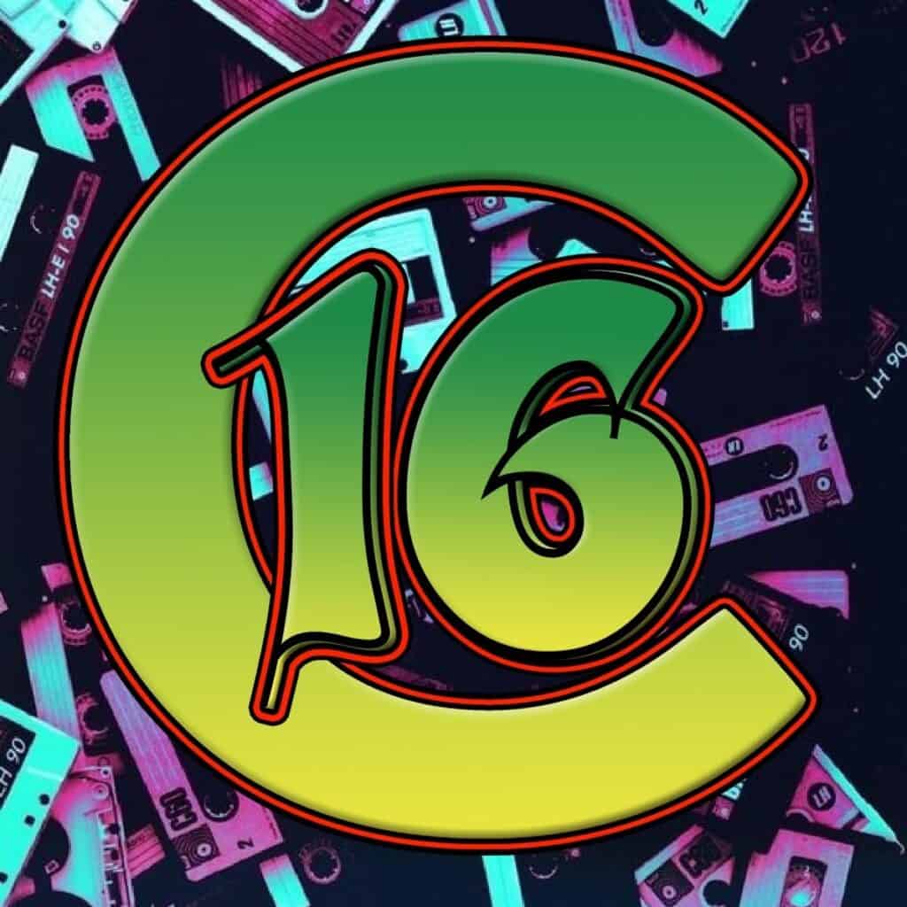 Colorful 16 logo with cassette tapes background for music or entertainment themes.