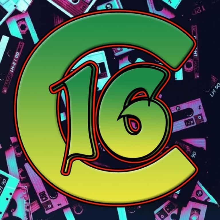 Colorful 16 logo with cassette tapes background for music or entertainment themes.