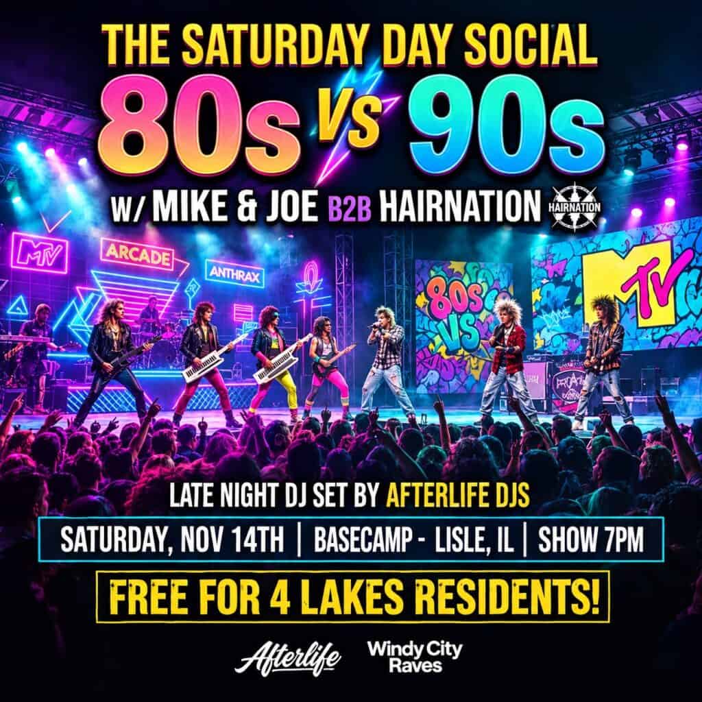 80s vs 90s music event at BaseCamp Pub in Lisle, IL with live band and DJ.