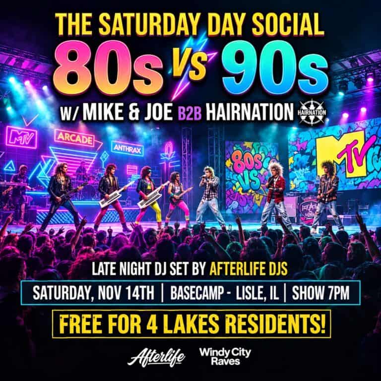 80s vs 90s music event at BaseCamp Pub in Lisle, IL with live band and DJ.