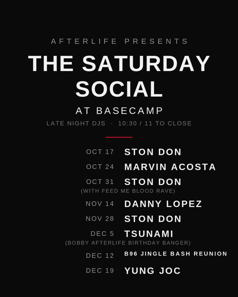 Event poster for The Saturday Social at BaseCamp Pub in Lisle, IL.