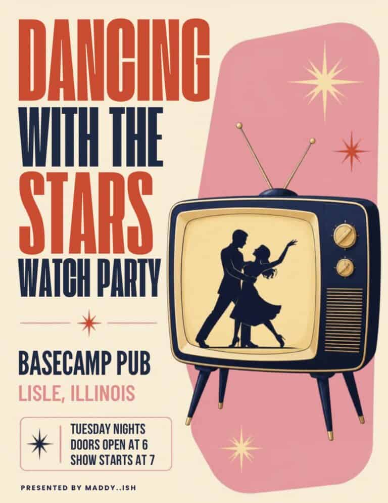 Dancing with the Stars Watch Party poster with vintage TV and dancing couple.