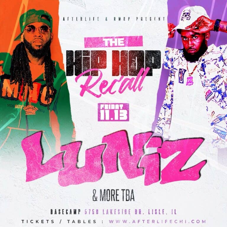 Hip hop event poster featuring Lunez and guest artists in Lisle, IL.
