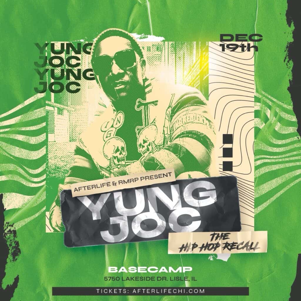Yung Joc performing at BaseCamp Lisle with vibrant green background.